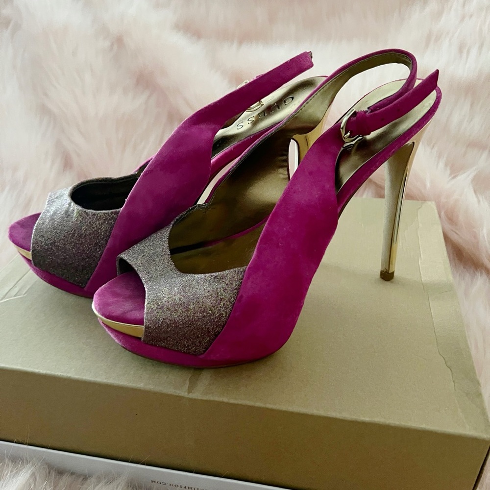 GUESS platform open toe pumps. Gold and fuchsia pink with sparkles on the toe.